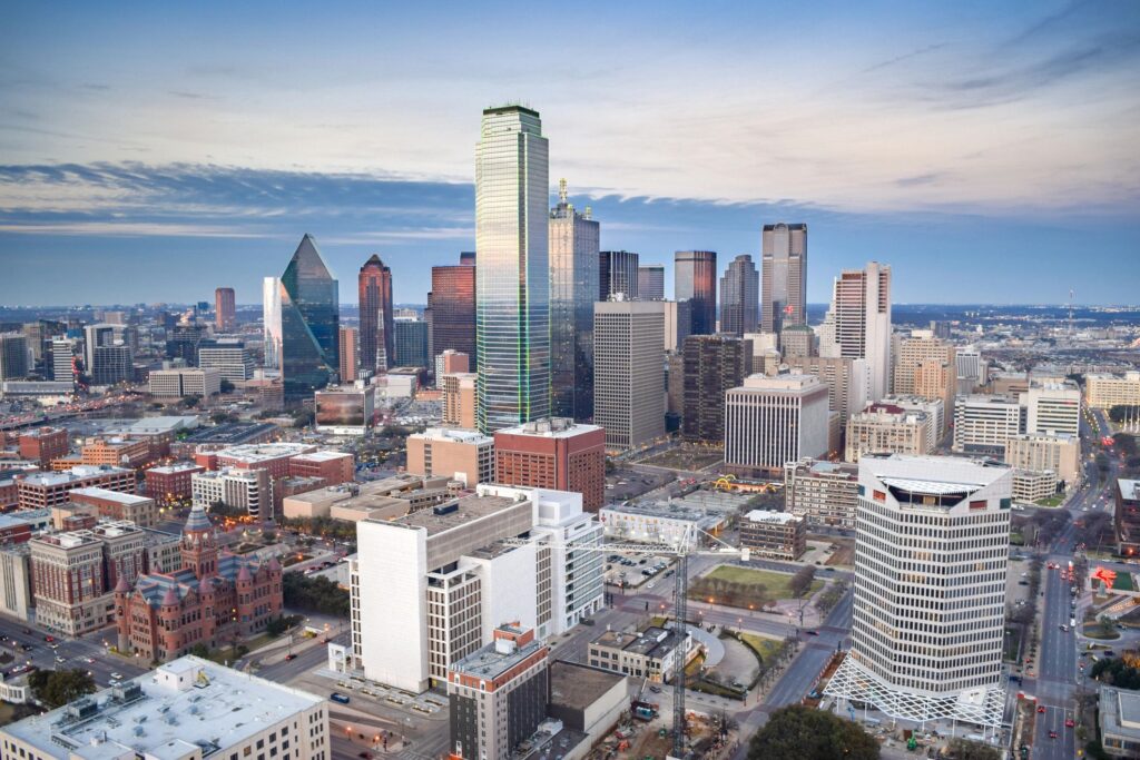 Dallas Skyline at Sunset (Aerial / High Angle View)